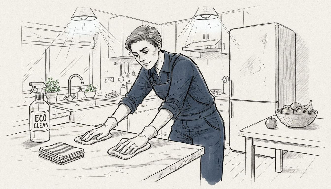 Cleaner wiping marble kitchen counter