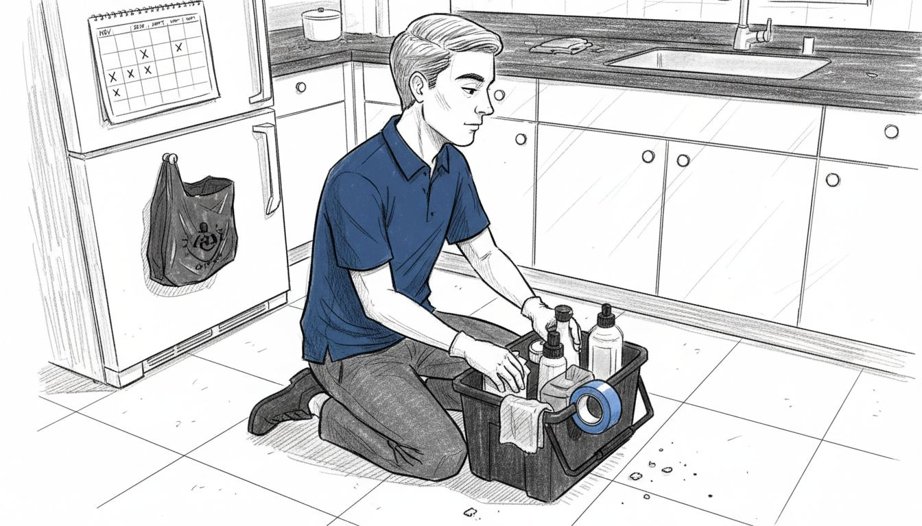Cleaner prepares supplies in family kitchen