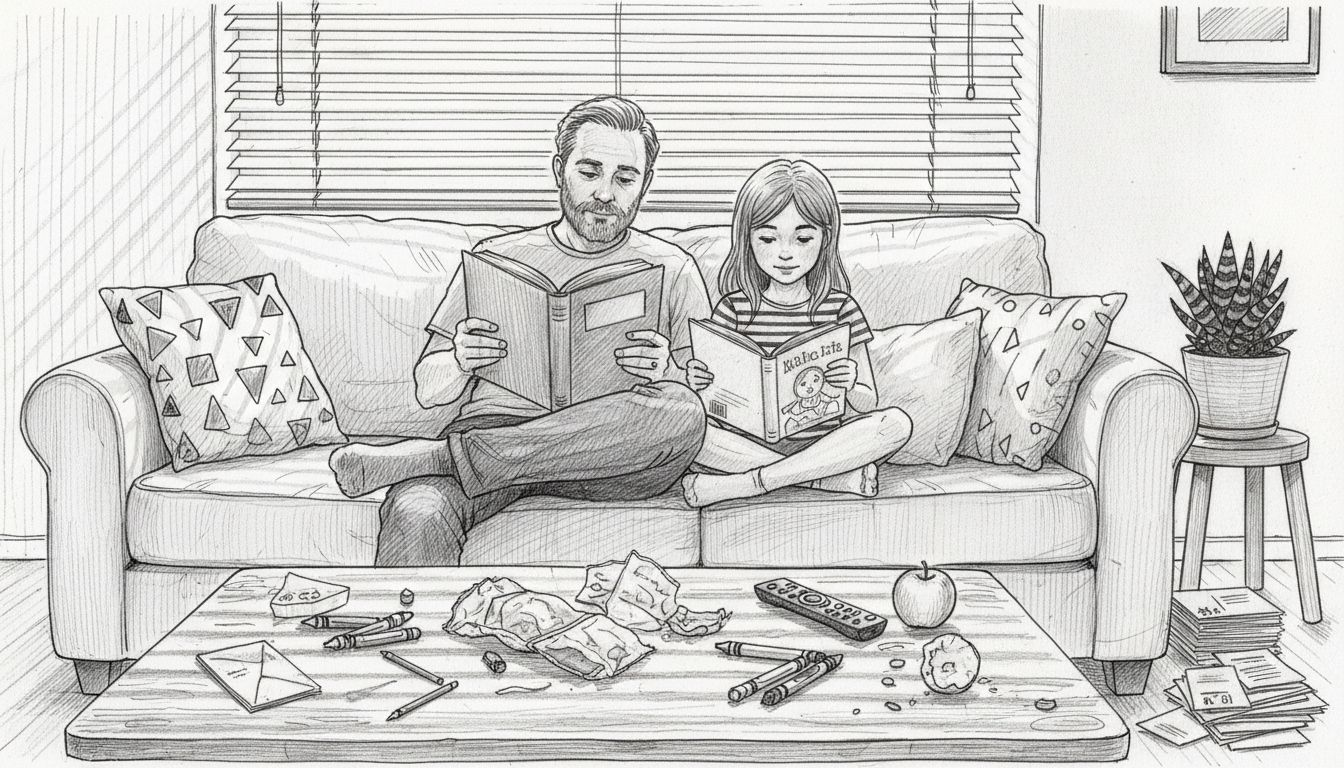 Father and daughter relaxing after cleaning