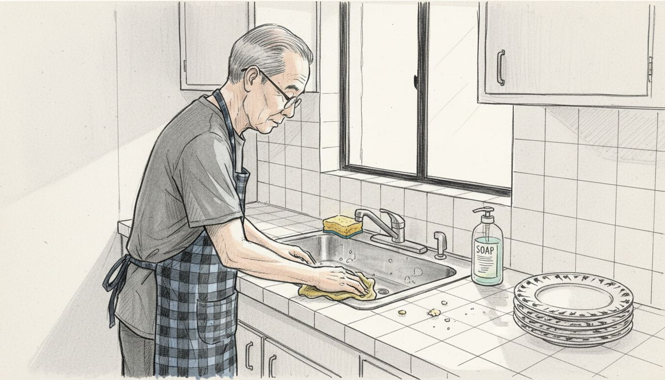 Man cleaning kitchen counter morning light