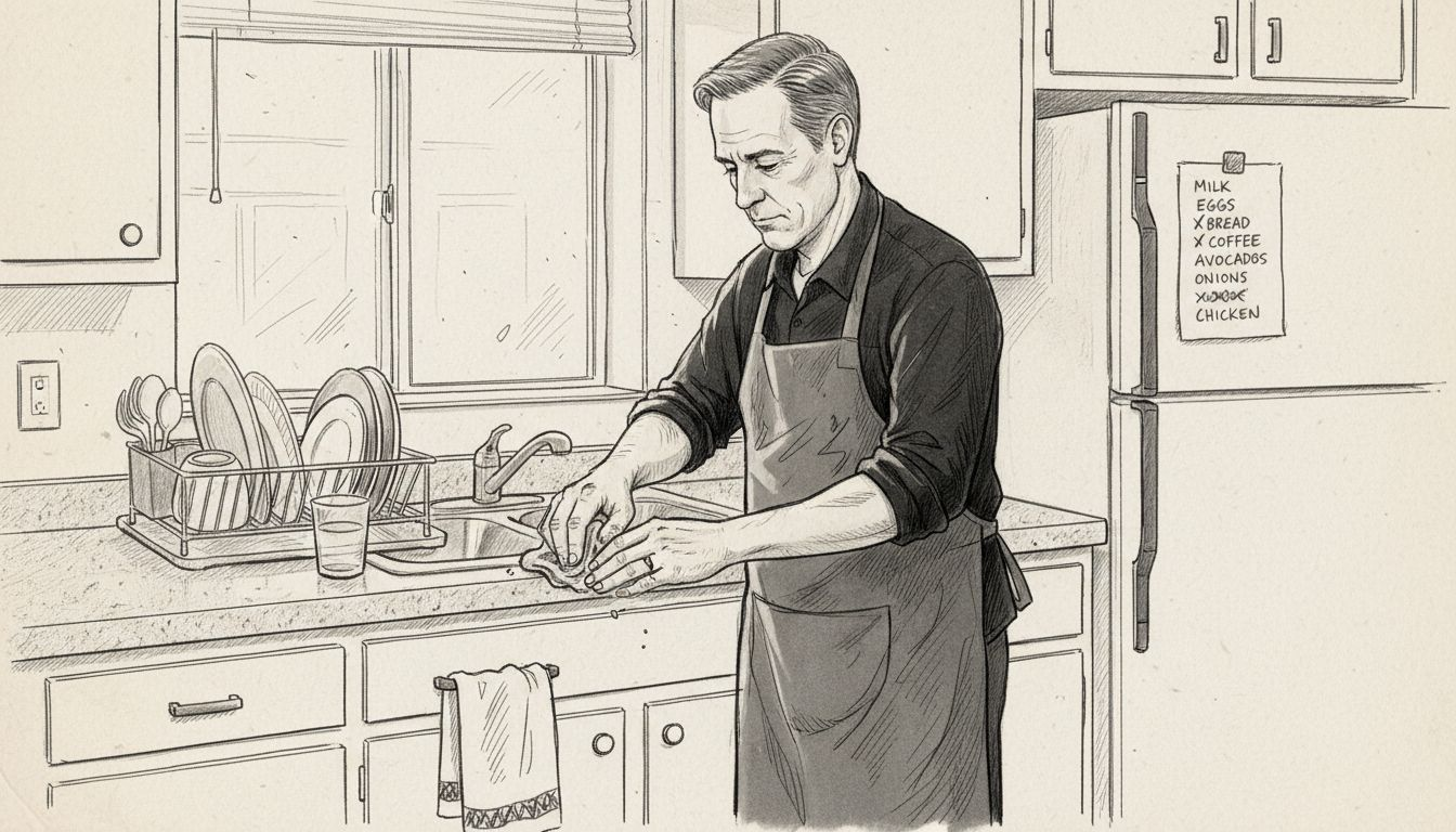 Man wiping crumbs on kitchen counter
