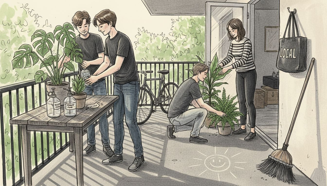 Neighbors clean plants on LA apartment balcony