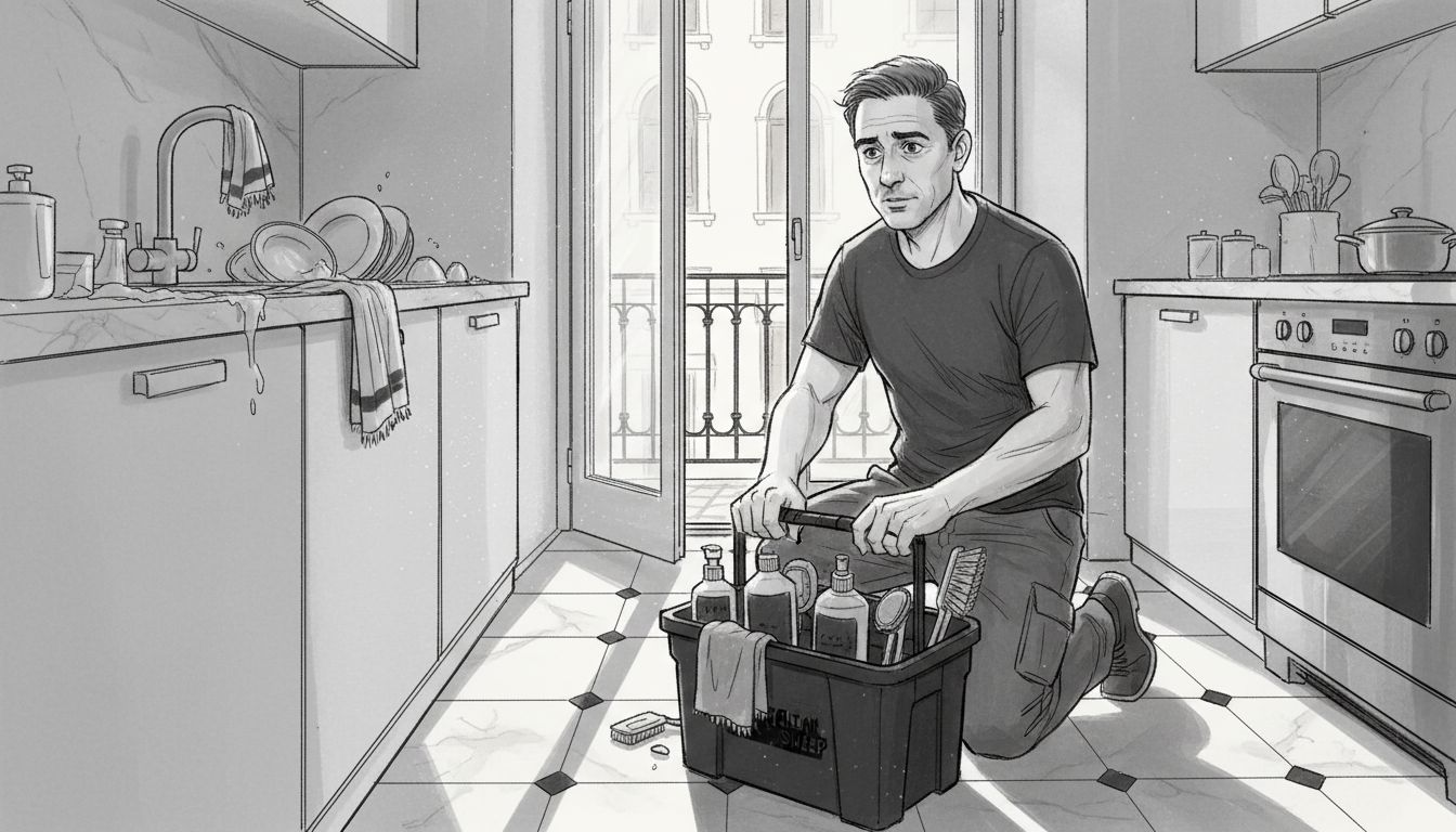 Cleaner organizing supplies in beach apartment