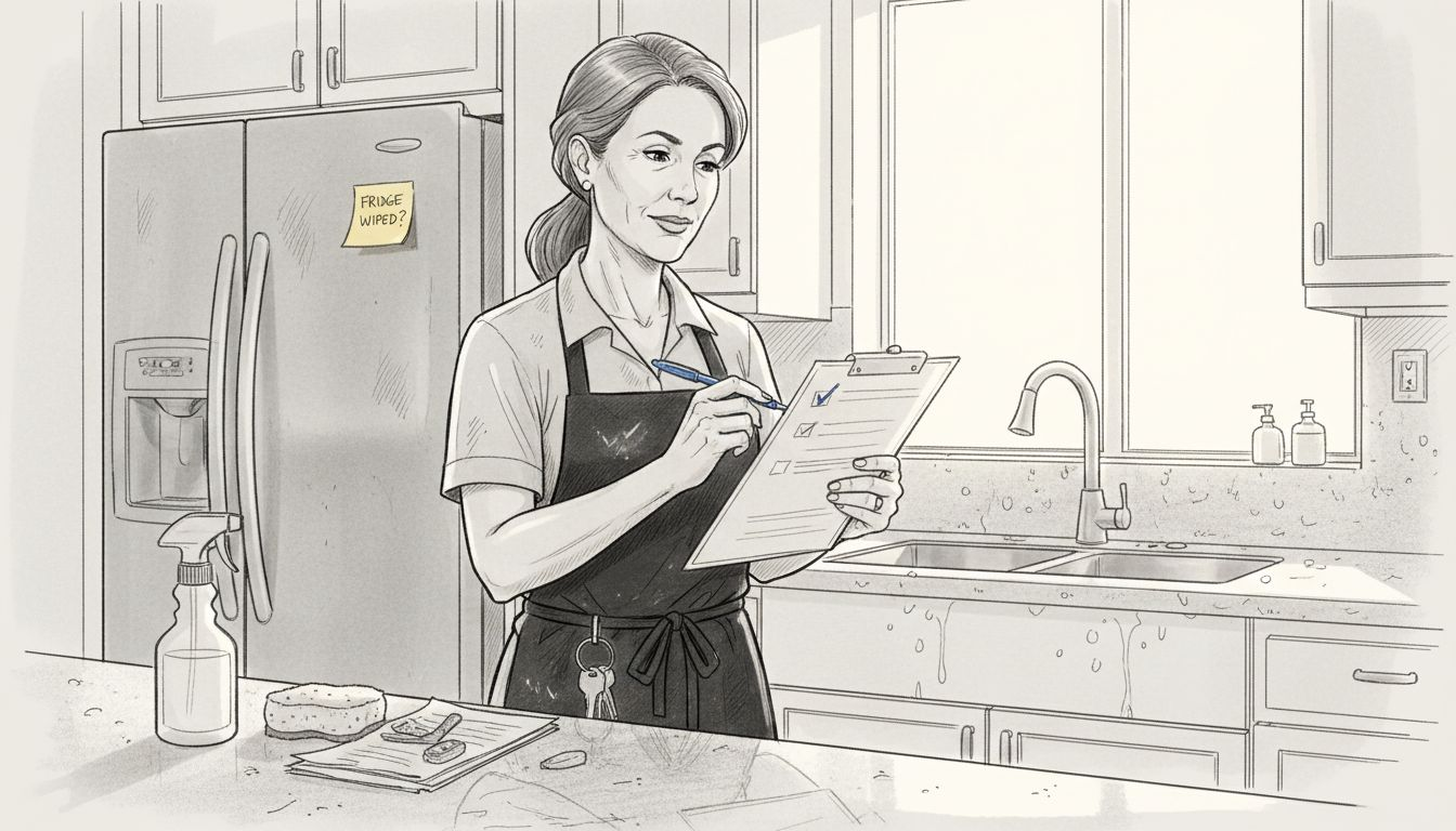 Cleaning professional using checklist in kitchen