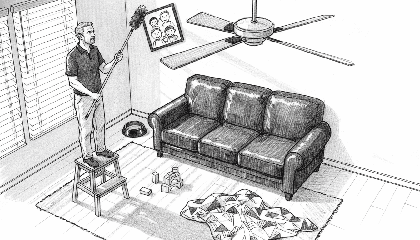 Man cleaning ceiling fan in family living room