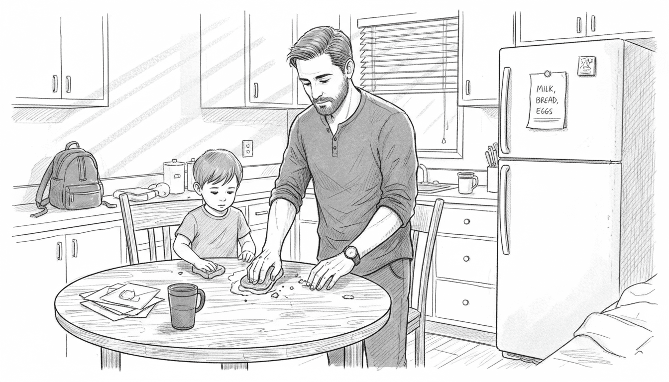 Father and son using quick cleaning routine