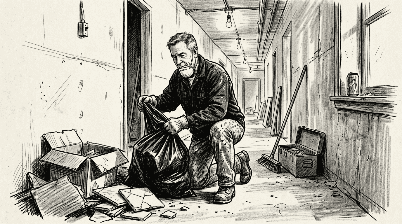 Janitor clearing heavy debris from hallway