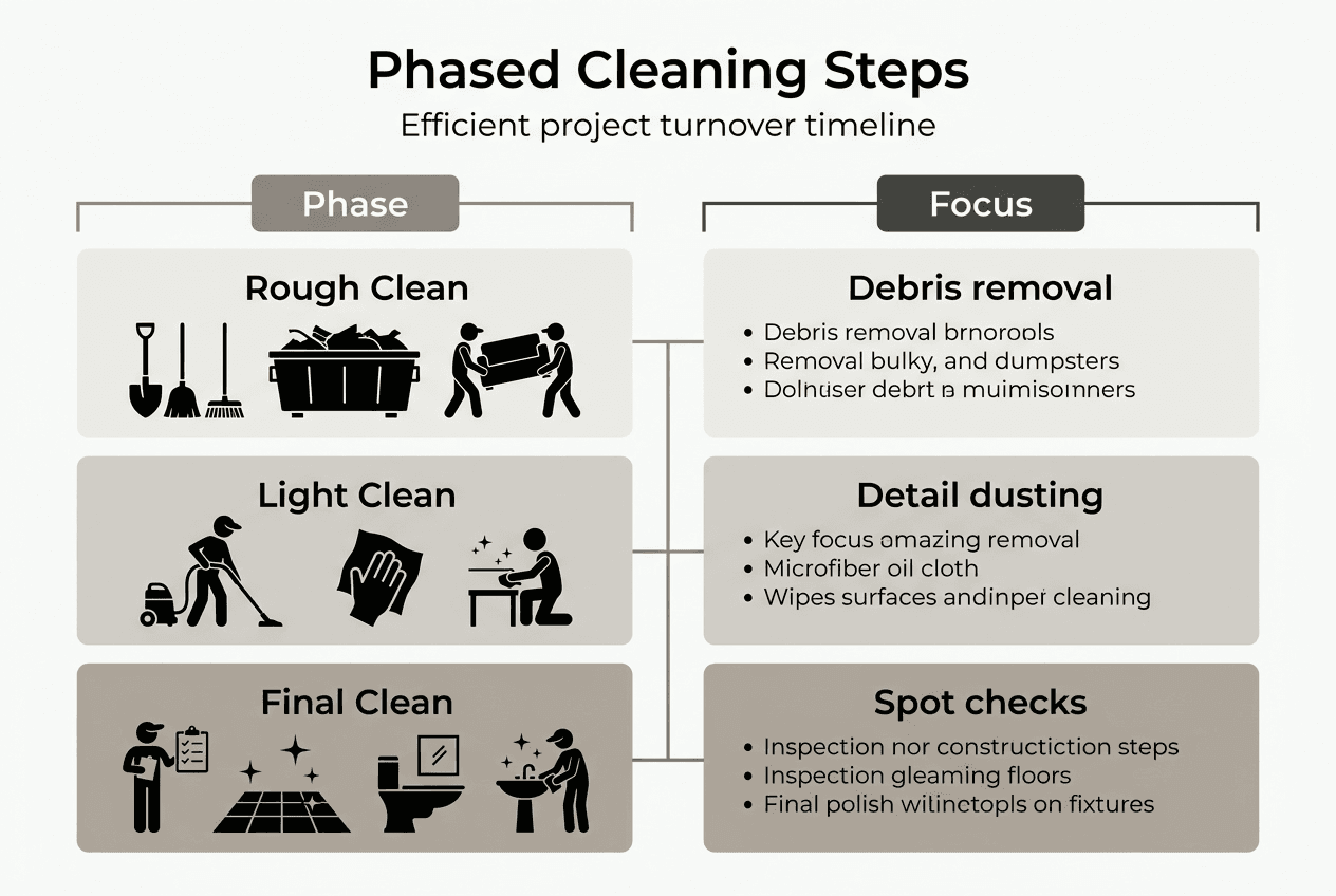 Infographic showing three project cleaning phases