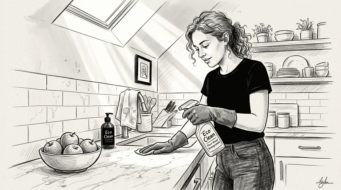 Woman using eco cleaner in LA kitchen