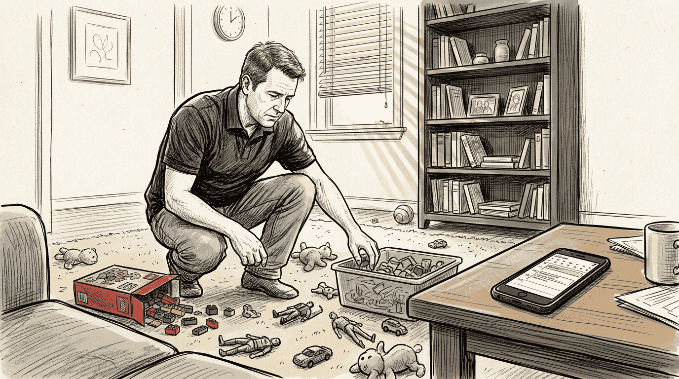 Father tidying living room, calendar visible