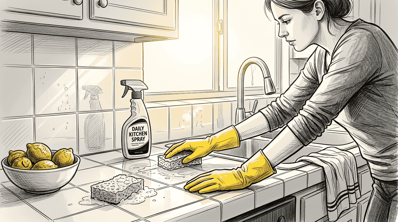 Woman deep cleaning kitchen countertop grout