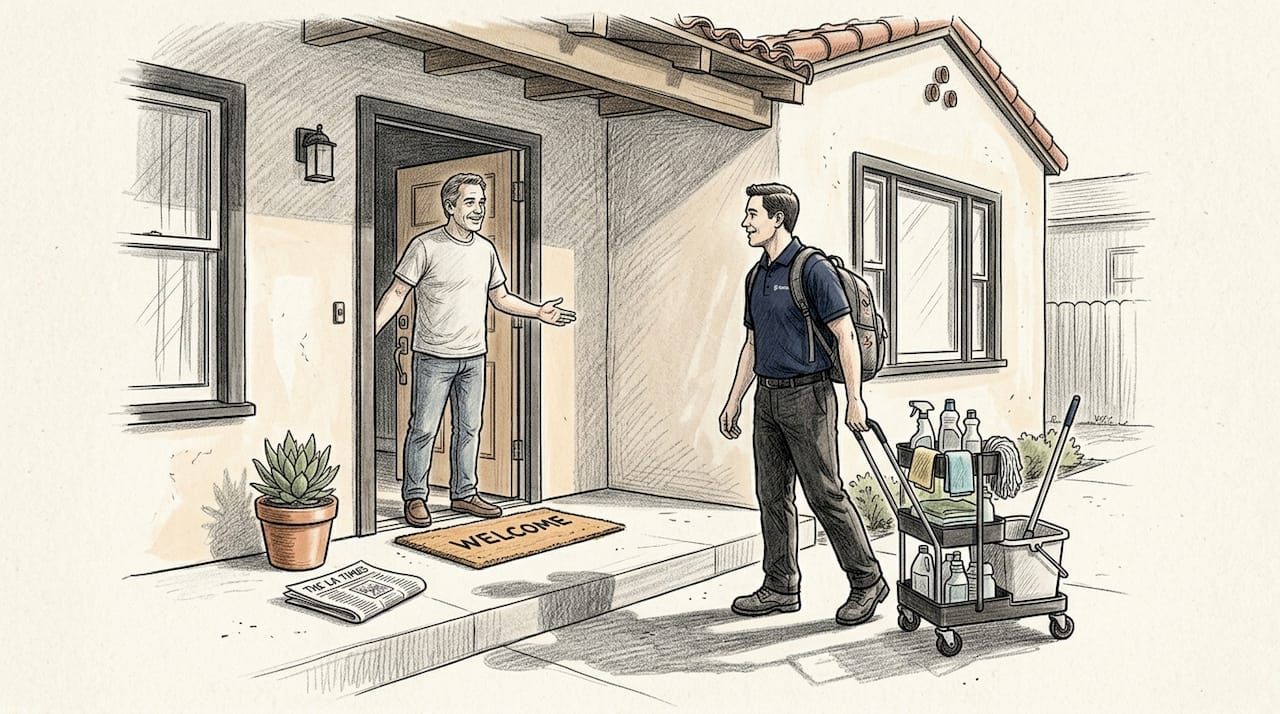 Homeowner greets vetted cleaner at front door