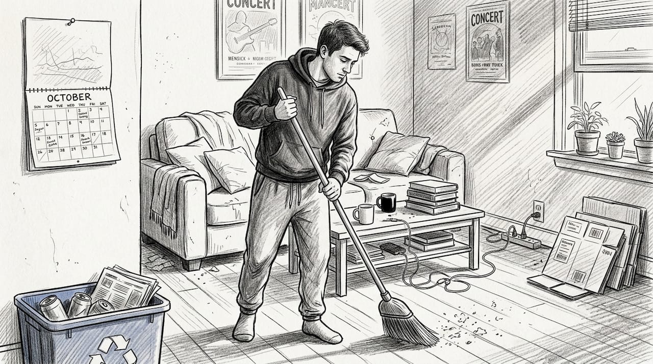 Man decluttering living room for wellness