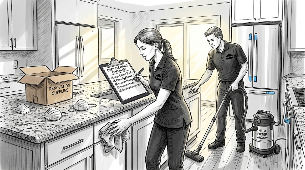 Team deep cleaning kitchen after remodel