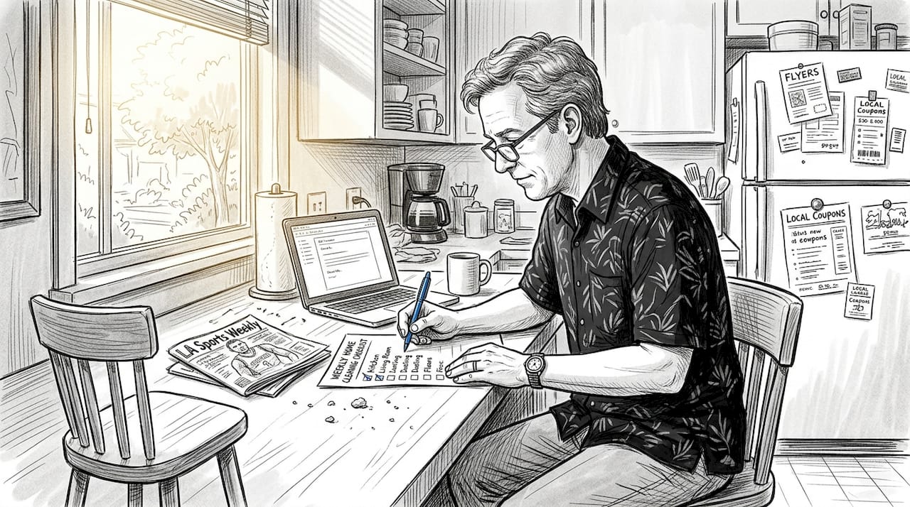 Man filling out cleaning checklist in LA kitchen