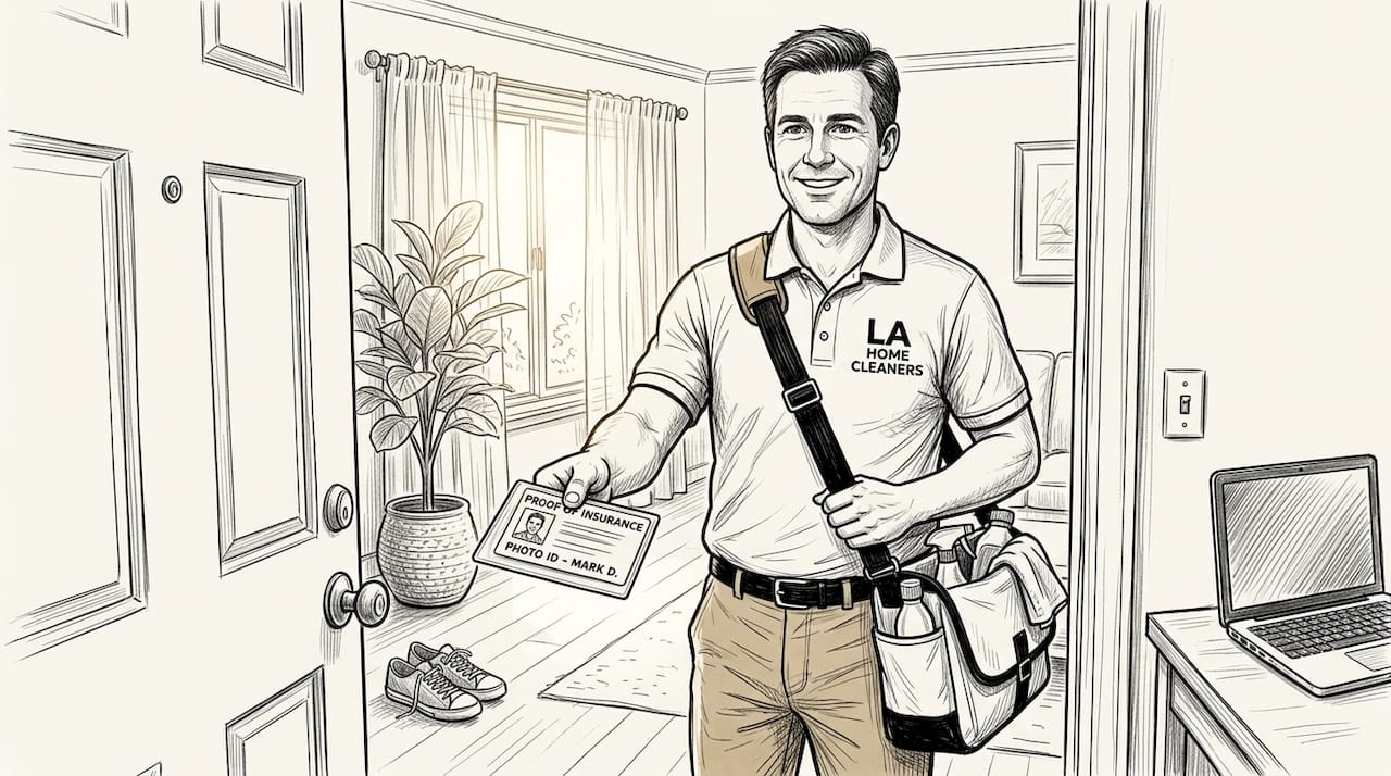 Cleaner showing insurance and ID at door