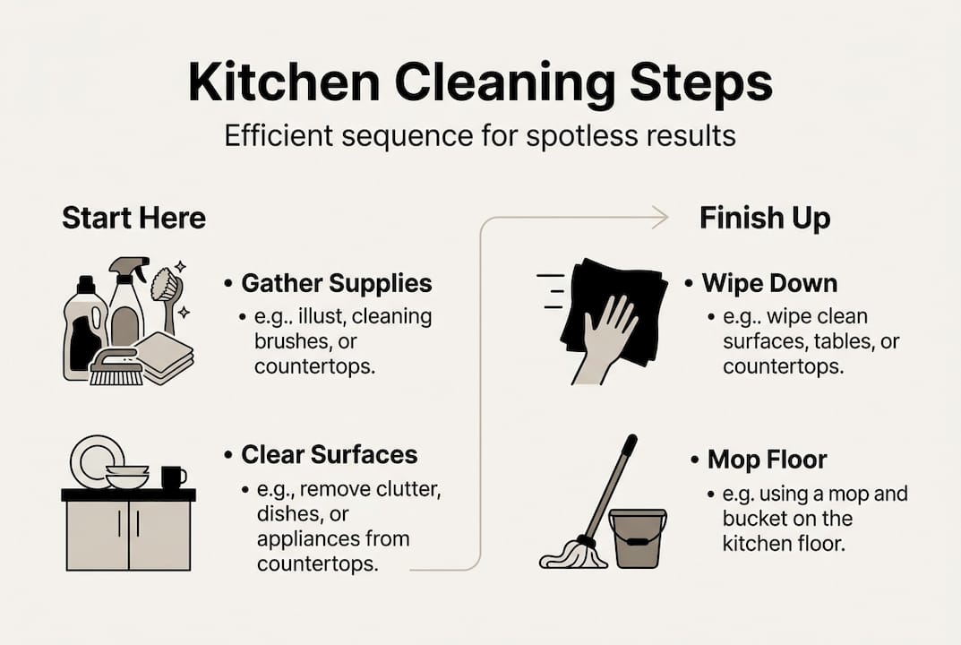 Infographic shows step-by-step kitchen cleaning sequence
