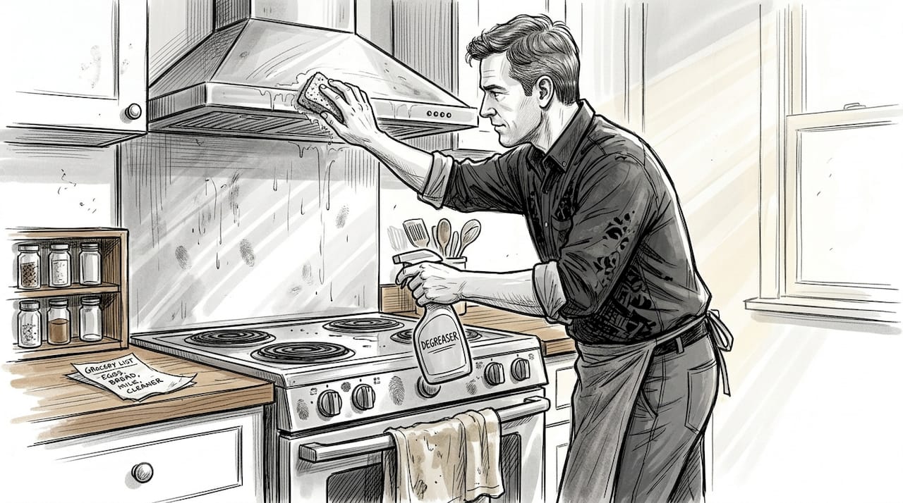 Man cleaning greasy range hood in home kitchen