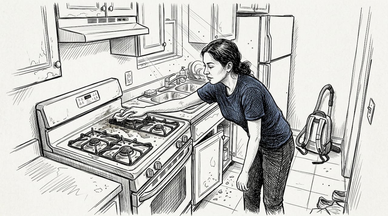 Cleaner wiping greasy stovetop in apartment kitchen