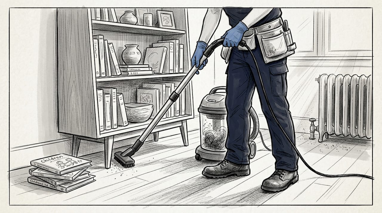 Professional cleaner vacuuming around bookshelf