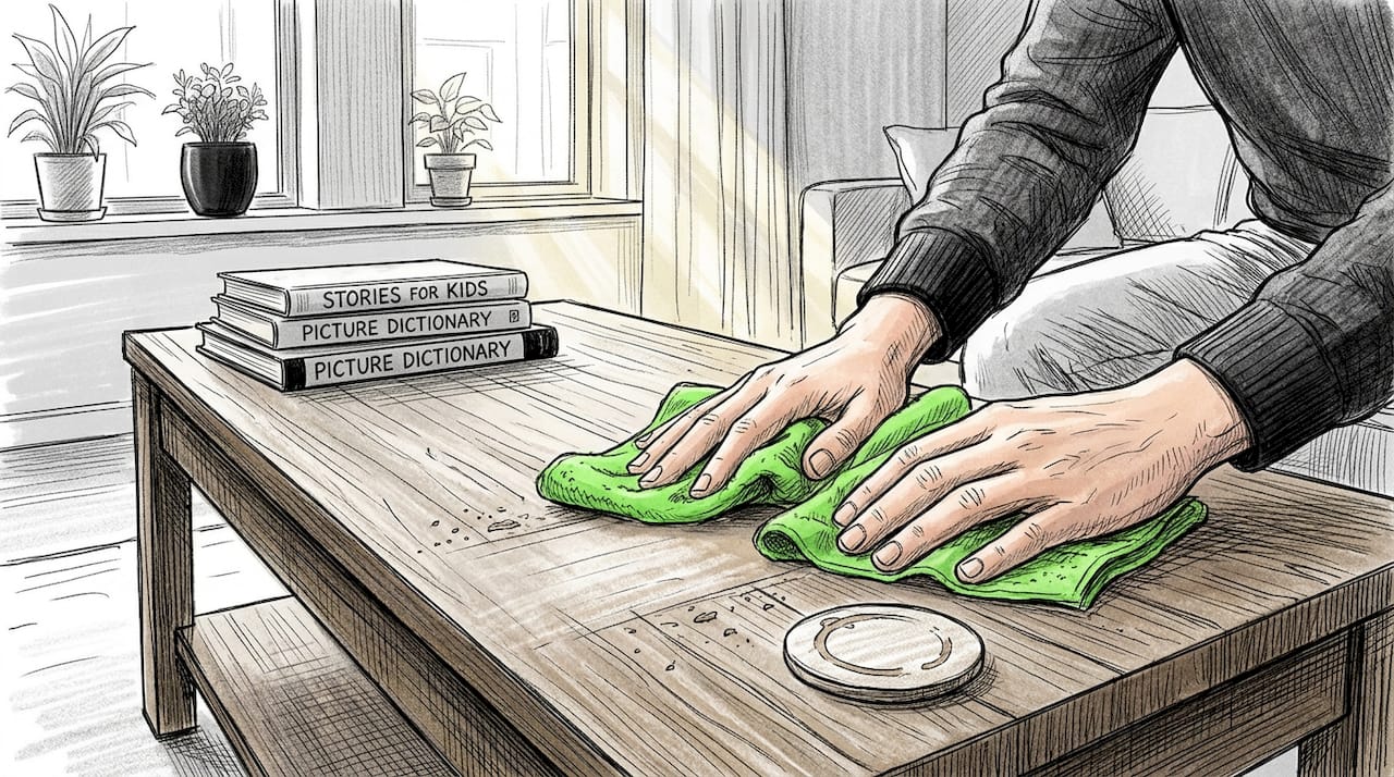 Hands using microfiber cloth on coffee table