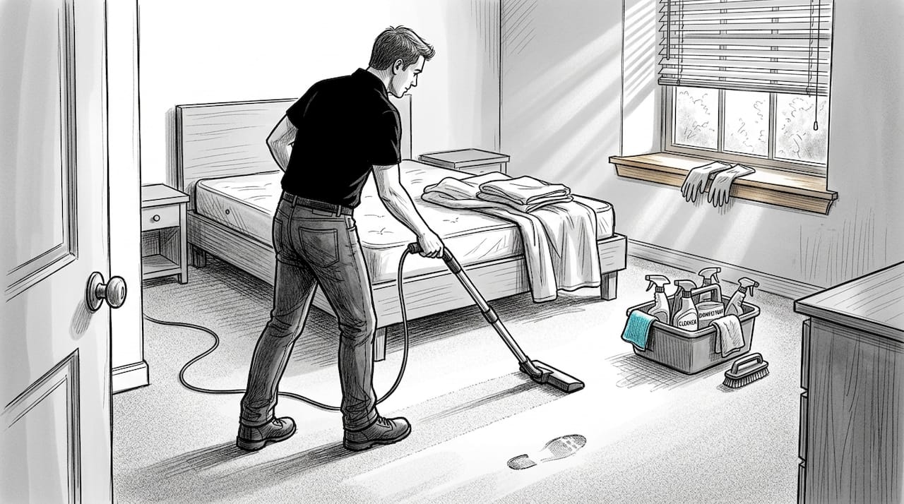 Cleaner vacuuming bedroom during turnover cleaning