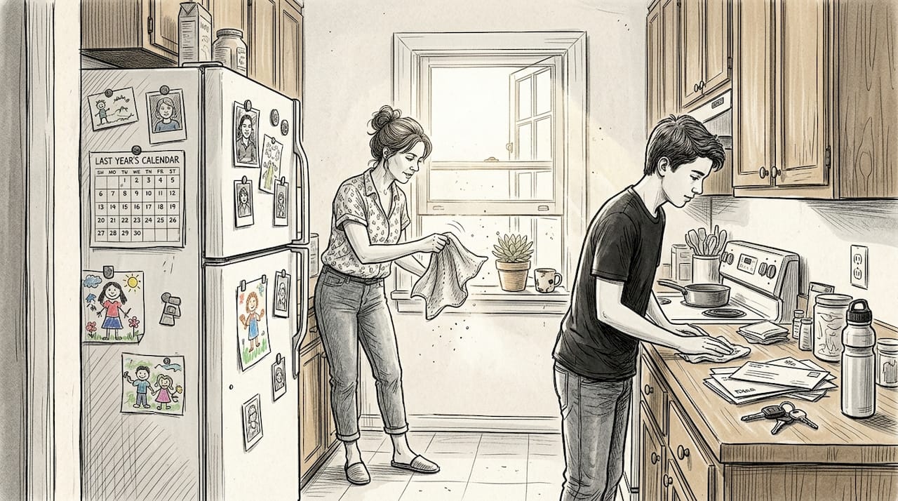 Mother and teen tackling kitchen dust