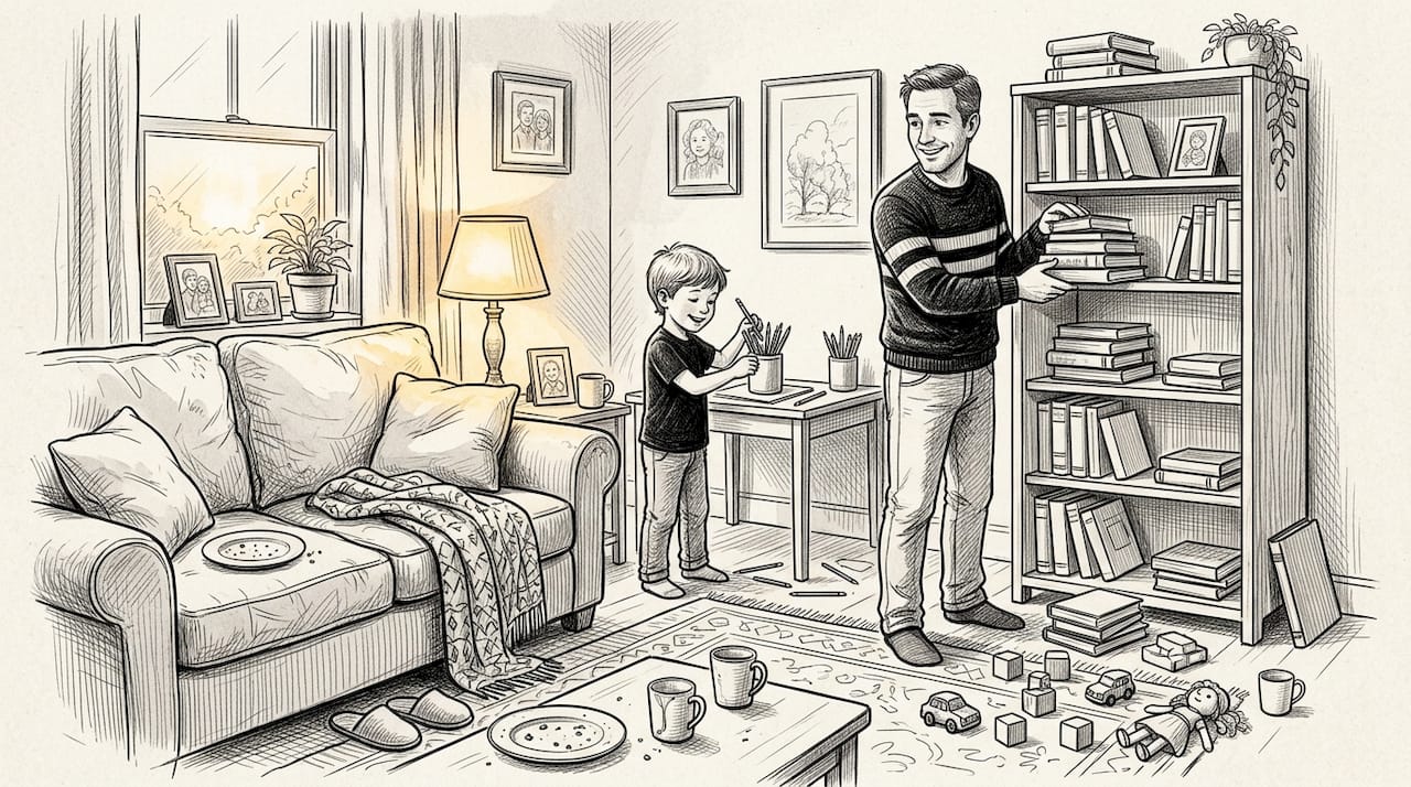 Family tidying up living room in evening