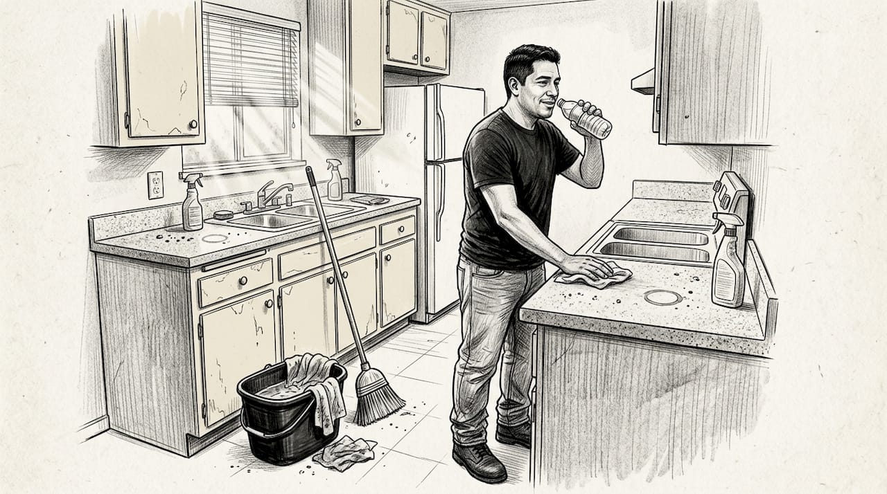 Maintenance worker cleaning LA rental kitchen