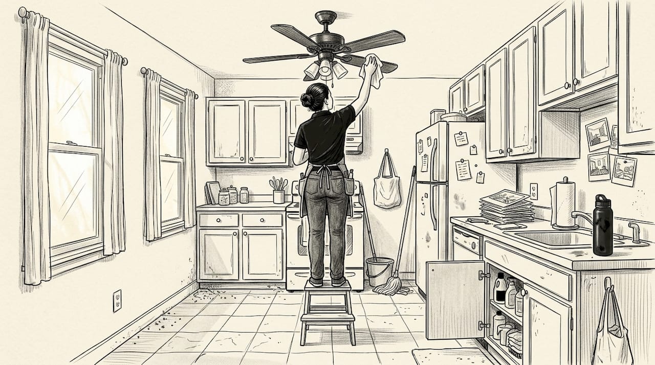 Cleaner wiping fan in apartment kitchen