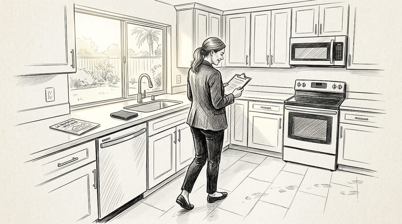 Agent inspects clean kitchen in empty home