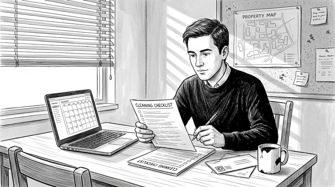 Property manager reviewing cleaning checklist at desk