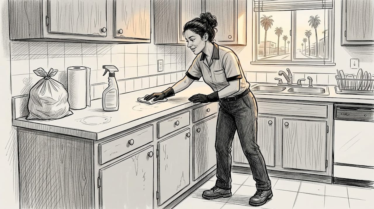 Cleaner wiping kitchen in LA apartment after move-out