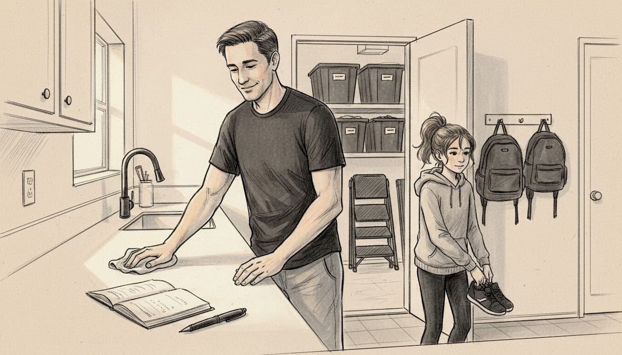 Family organizing kitchen and entryway together