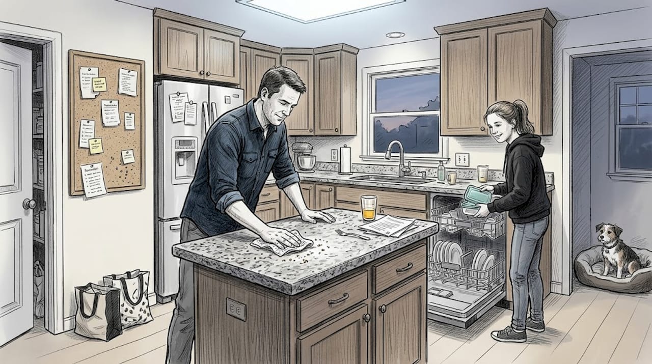 Family doing quick kitchen reset after dinner