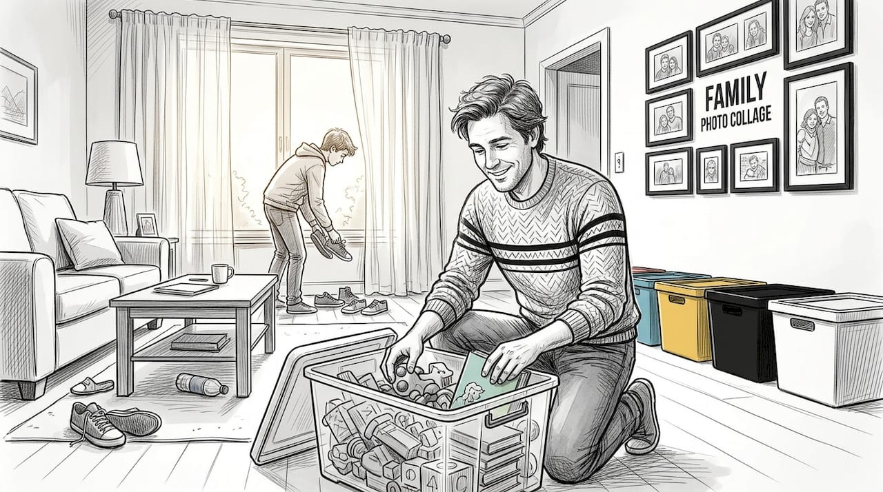 Family decluttering living room with colored bins