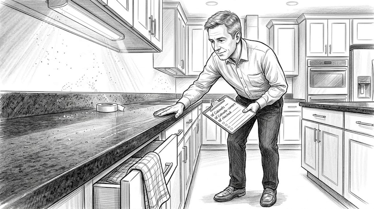 Manager checks kitchen for move-in readiness
