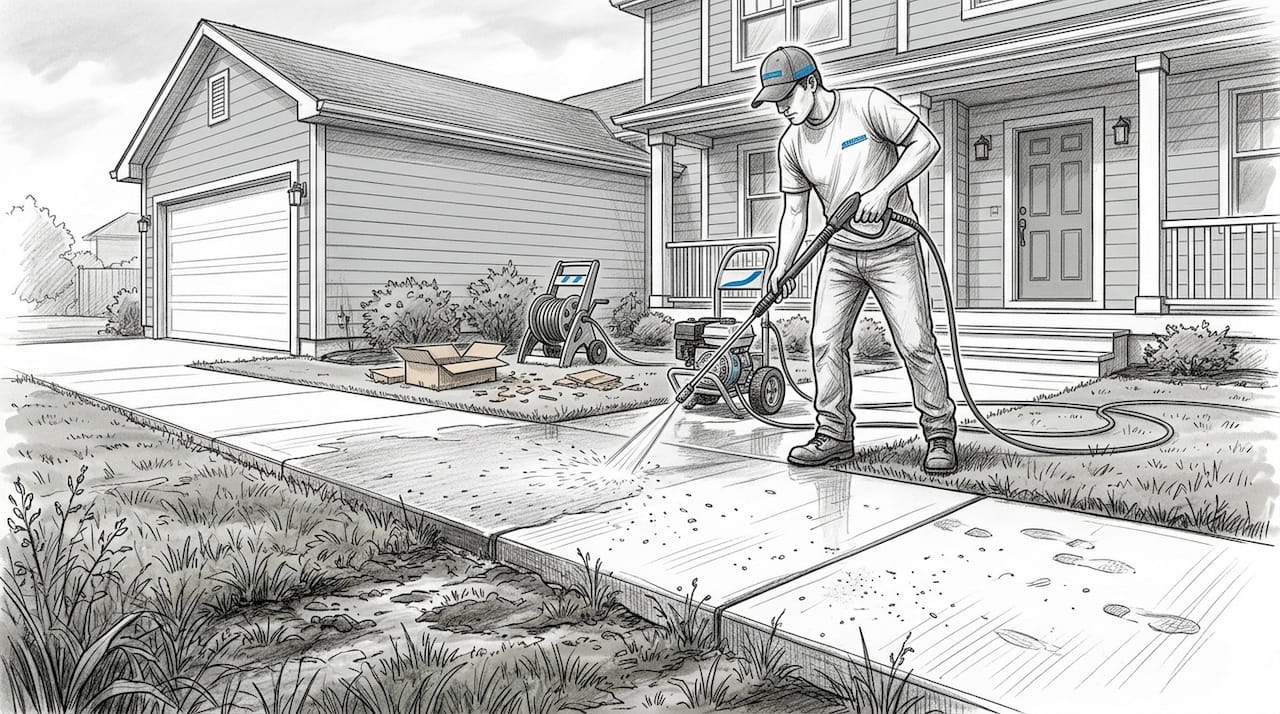 Worker pressure washing walkway at new home
