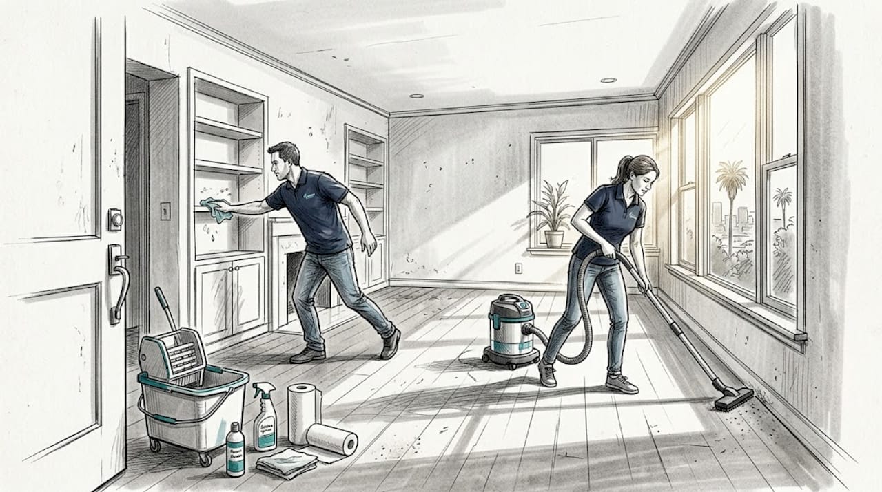 Turnover cleaning crew prepares empty apartment