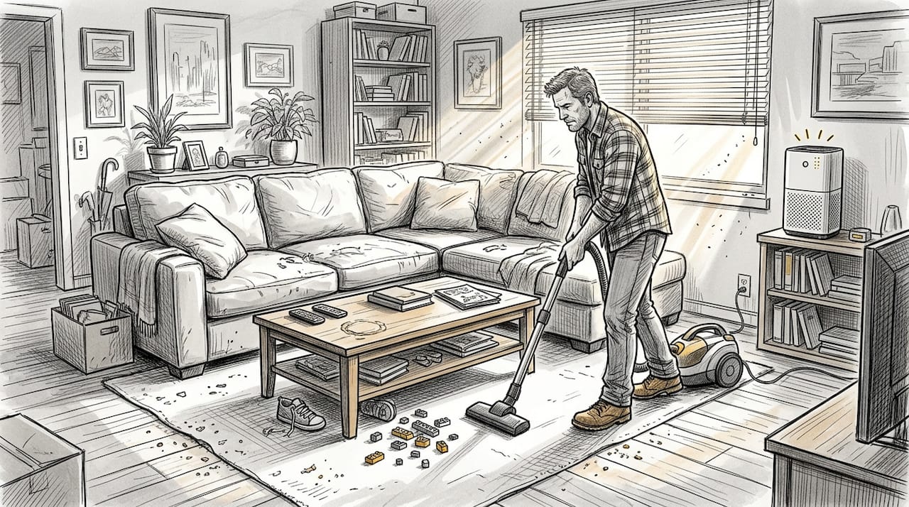 Man vacuuming living room with dust visible
