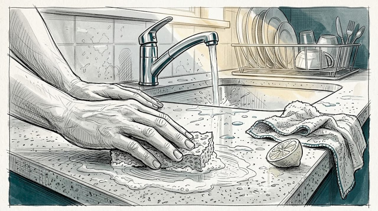 Hands washing kitchen countertop with soap