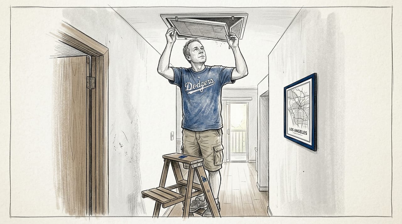 Man changes dusty HVAC filter in hallway