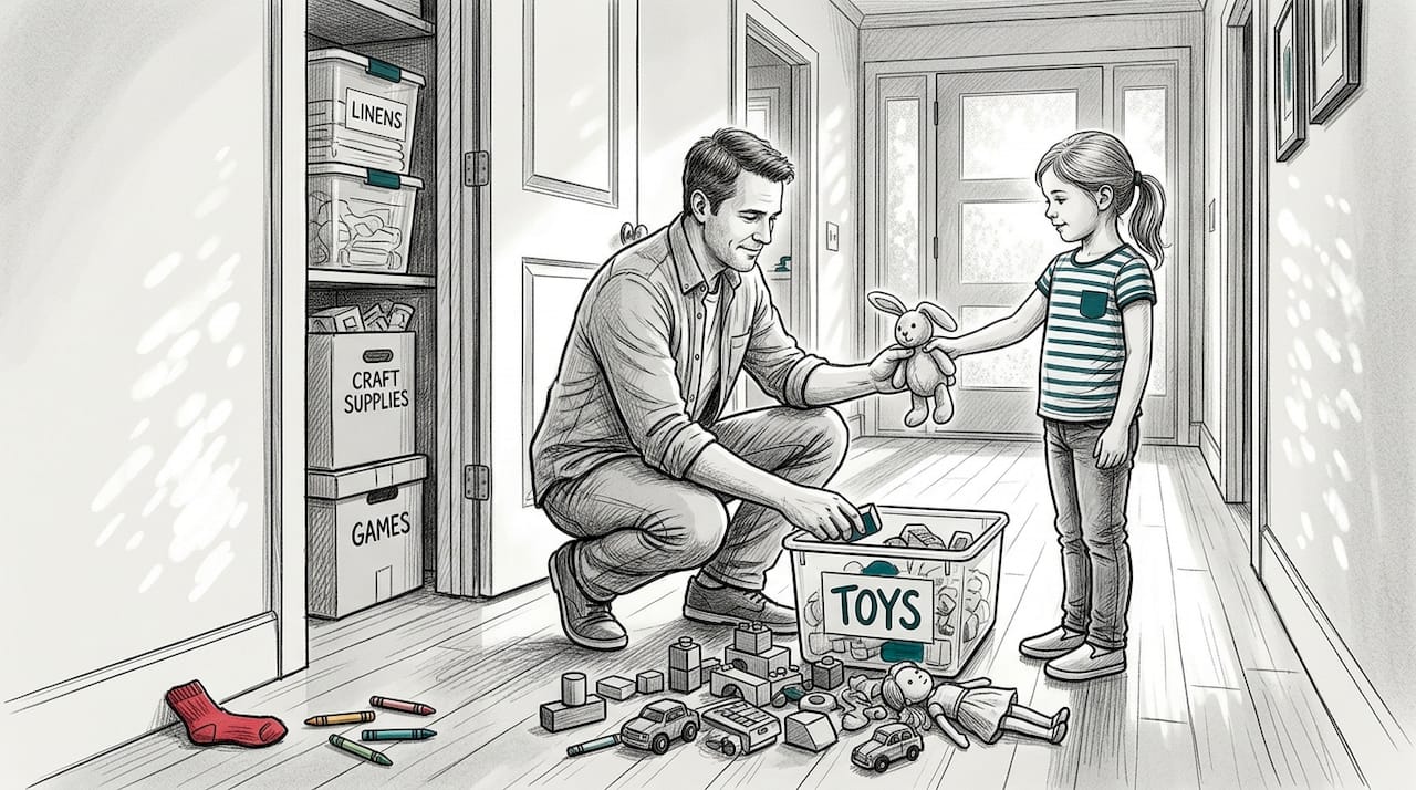 Dad and child organize toys in hallway