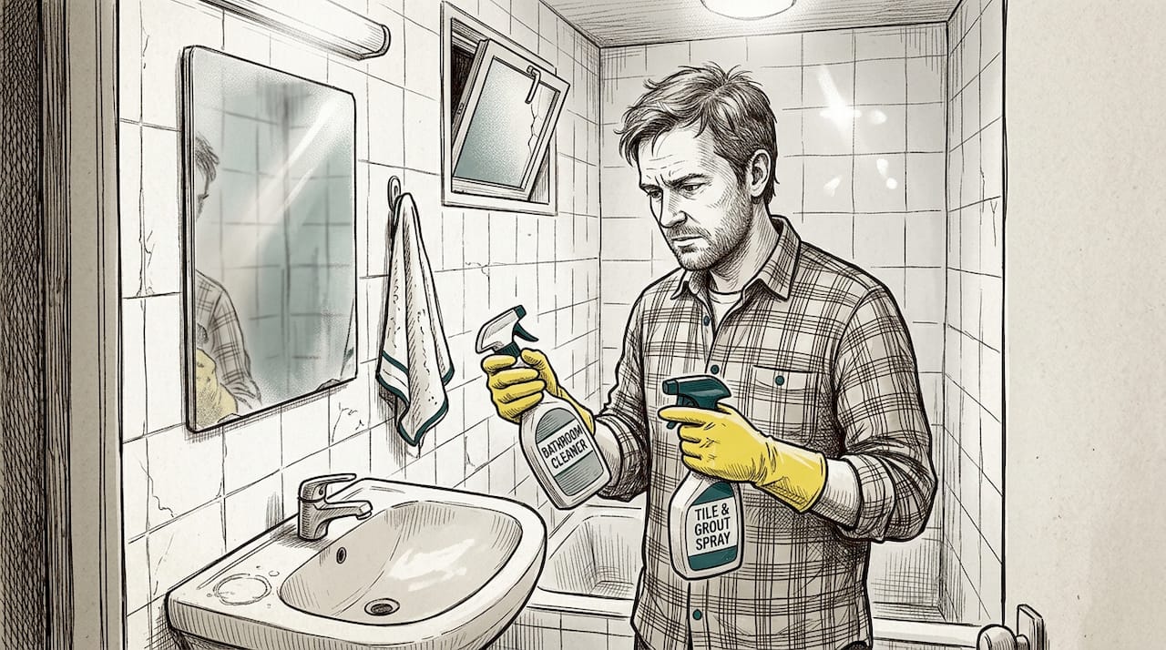 Man reading labels on cleaning products in bathroom
