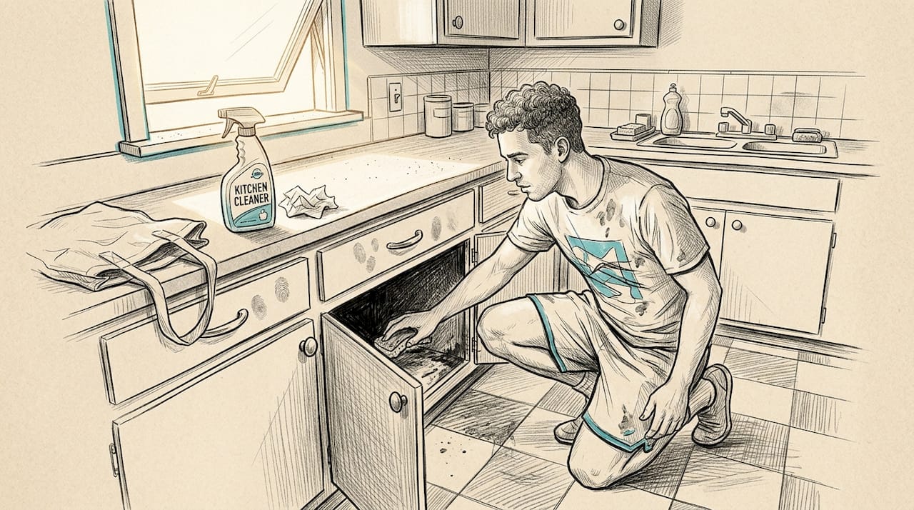 Man cleans kitchen cabinet in LA apartment