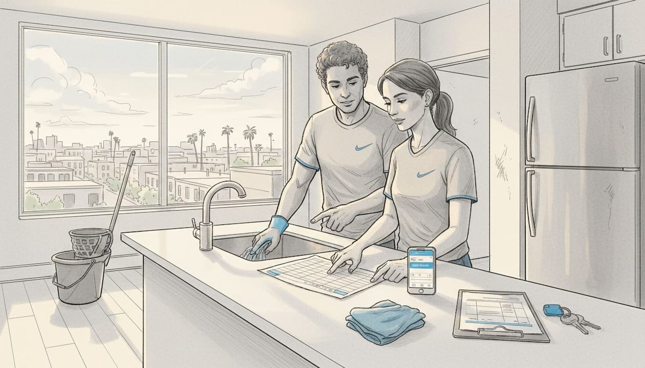 Cleaning crew reviewing turnover schedule in kitchen