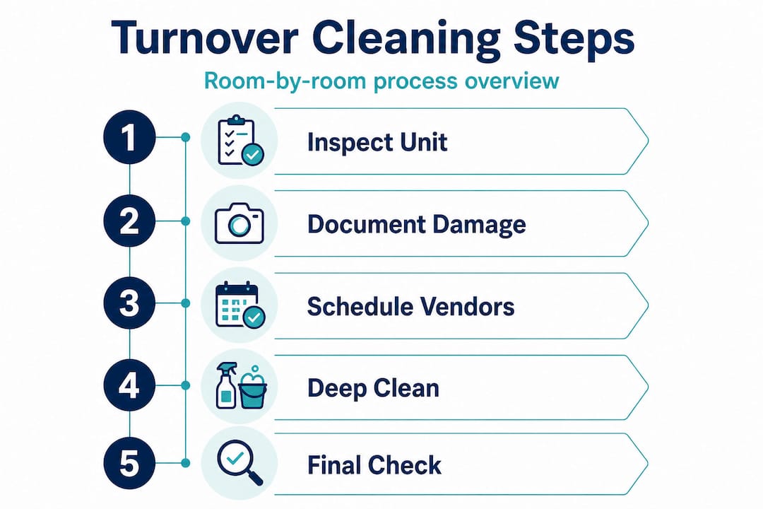 Infographic illustrating five turnover cleaning steps