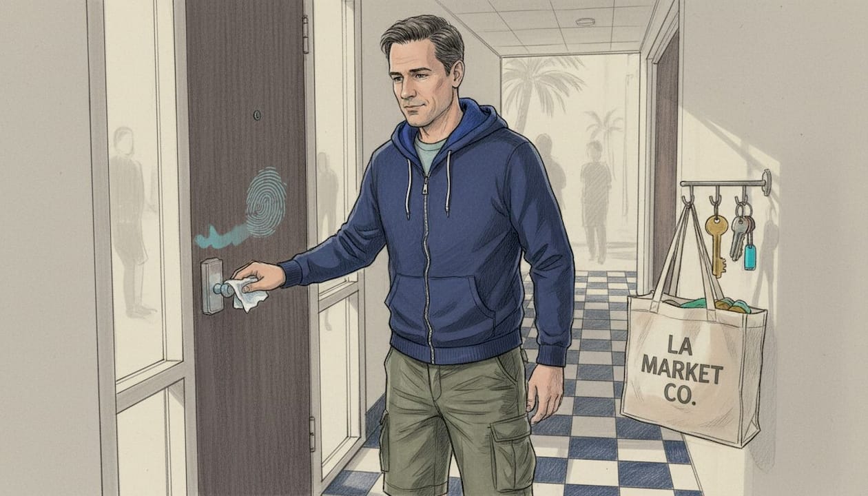 Man disinfecting door handle in LA apartment
