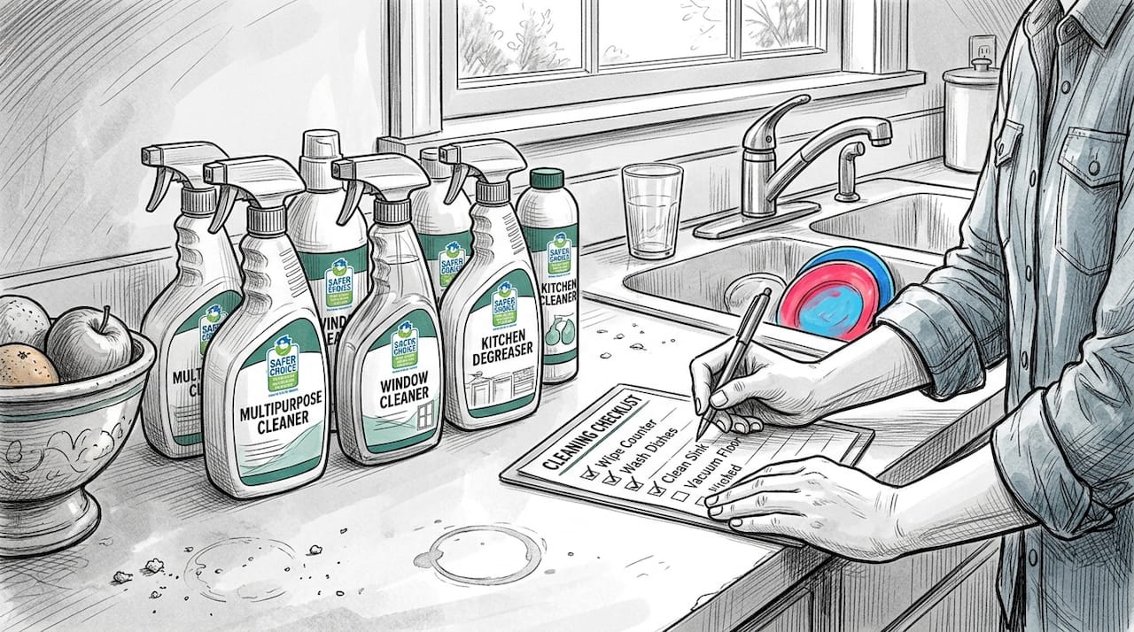 Safer Choice cleaning products on kitchen counter