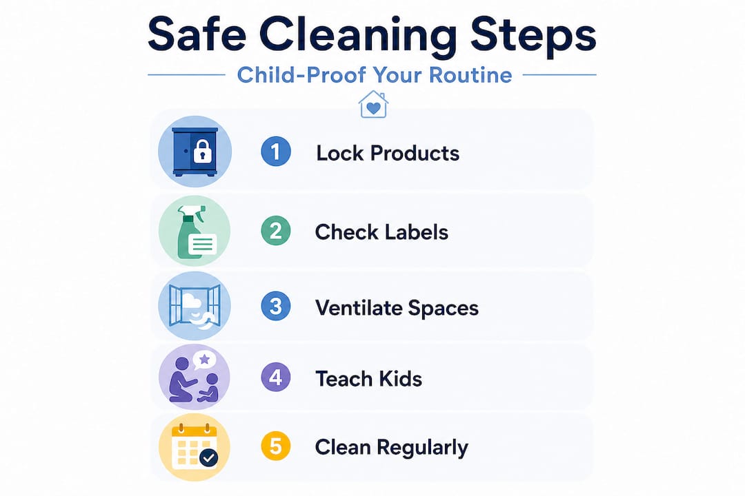 Infographic showing steps for safe home cleaning